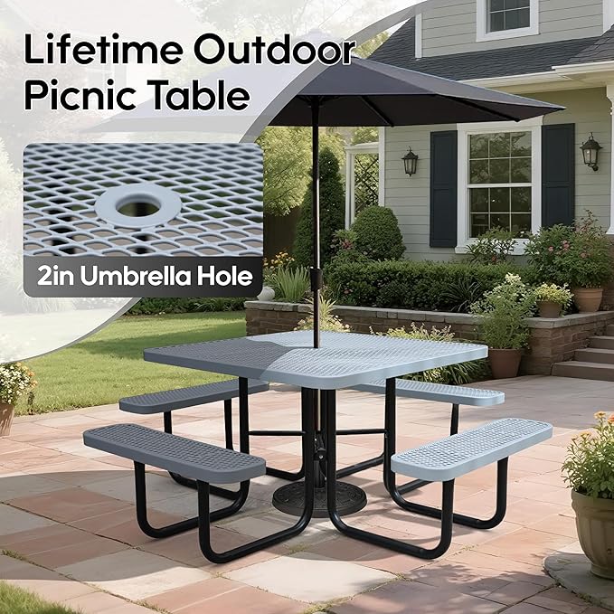 8-Person Outdoor Picnic Tables,46" Heavy-Duty Metal Square Picnic Table,Expanded Metal Commercial-Grade Table with 4 Benches & Umbrella Hole,Waterproof Coating Beach Table for Patio,Garden, Backyard