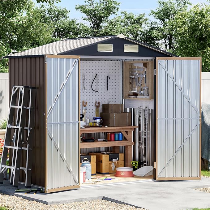 6x4 FT Outdoor Metal Storage Shed, Double Doors,with Frame Floor,Tool Shed for Garden, Patio, Backyard Brown