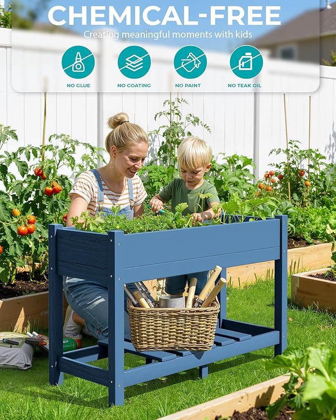 SERWALL Raised Garden Bed, HDPE Raised Bed for Gardening All Weather Use- Blue