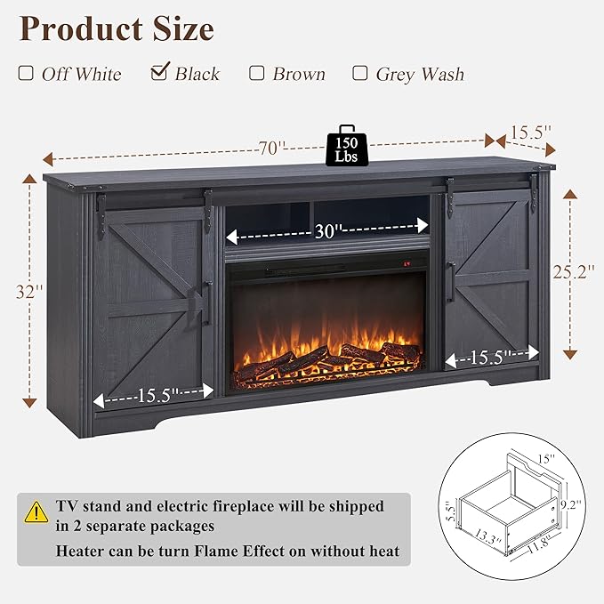 JXQTLINGMU Farmhouse Fireplace TV Stand for 80 Inch TV, 32" Tall Entertainment Center w/Drawer & Sliding Barn Door, 70 Inch Highboy Media Console for Living Room, Black