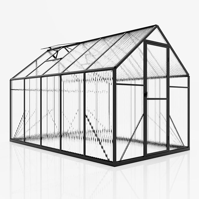 AMERLIFE 6x10x6.3 FT Outdoor Polycarbonate Greenhouse, Walk-in Aluminum Garden Structure with Dual Roof Vents & Swing Door, Heavy-Duty Black Greenhouse