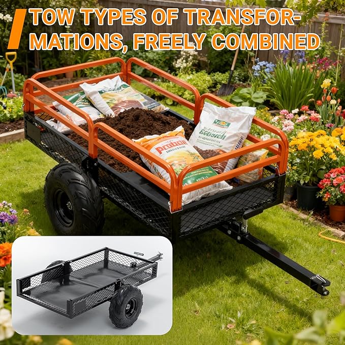 Heavy Duty ATV UTV Trailer Tow Behind Dump Cart, 1500lbs 15 Cubic Feet, Yard Garden Trailer Pull Behind Dump for Lawn Mower Tractor Garden Waste