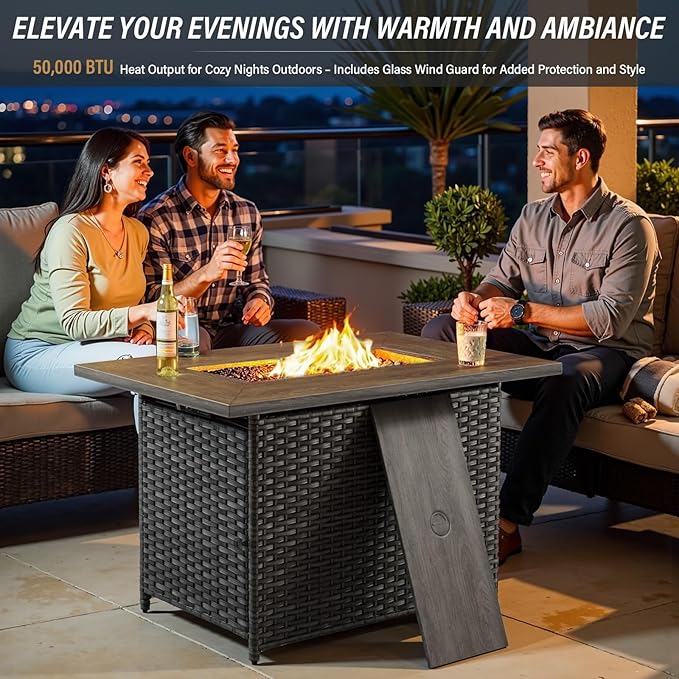 Belord Full 4 Pieces Patio Furniture Set with 41” Propane Fire Pit Table, Outdoor Conversation Set with Patio Chairs Set of 2 and Rattan Sofa for Deck Backyard