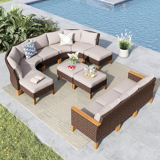 MFSTUDIO 12 Pieces Extra Large Wicker Patio Furniture Set, Half-Moon Curved Outdoor Rattan Patio Sectional Sofa Set, 4 x Curved Sofa, 2 x Armless Couch, 4 x Ottoman, 2 x Corner Chair(Beige Cushion)