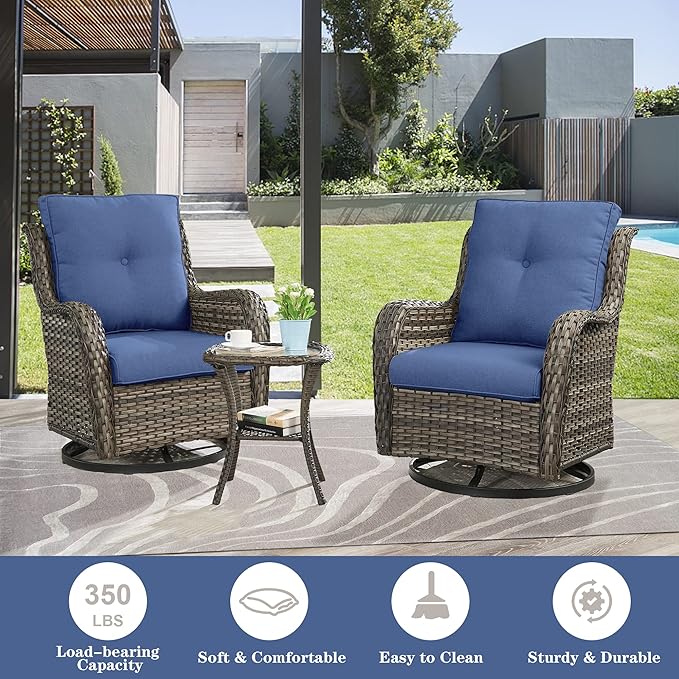 Belord Outdoor Furniture Sectional Sofa L Shaped Couch - Patio Wicker Set with 2 Swivel Glider Chairs, 8 Piece Rattan Patio Conversation Sets with Blue Cushion for Deck Backyard Sunroom