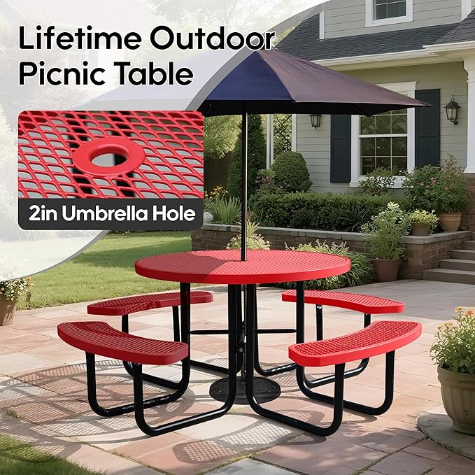 8-Person Outdoor Picnic Tables,46" Heavy-Duty Metal Round Picnic Table,Expanded Metal Commercial-Grade Table with 4 Benches & Umbrella Hole,Waterproof Coating Beach Table for Patio,Garden, Backyard