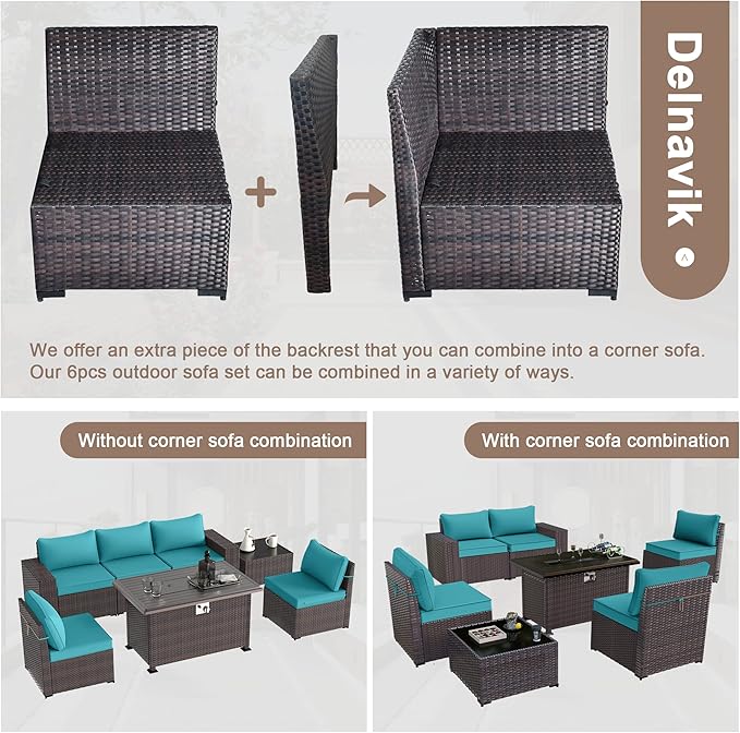 Kurapika 7 Pieces Patio Furniture Set, Rattan Outdoor Conversation Sets w/43in Propane Fire Pit Table and 4 Inch Cushion(Blue)