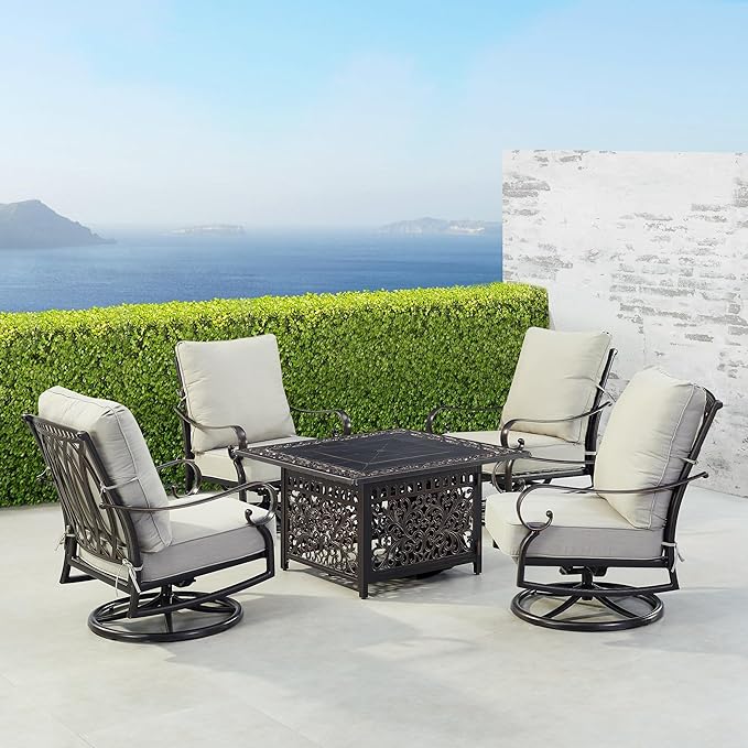 Oakland Living Black Aluminum Patio Fire Table Set with Four Club Chairs, Cushions and Wind Blocker