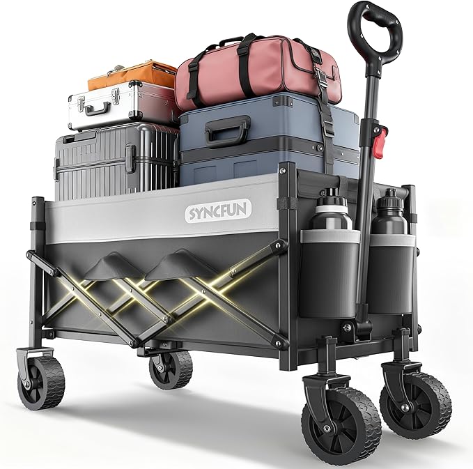 SYNCFUN Collapsible Wagon Cart with Wheels 300lbs Black, Portable Sports Utility Rolling Wagon for Beach, Garden, Camping & Grocery, Fishing