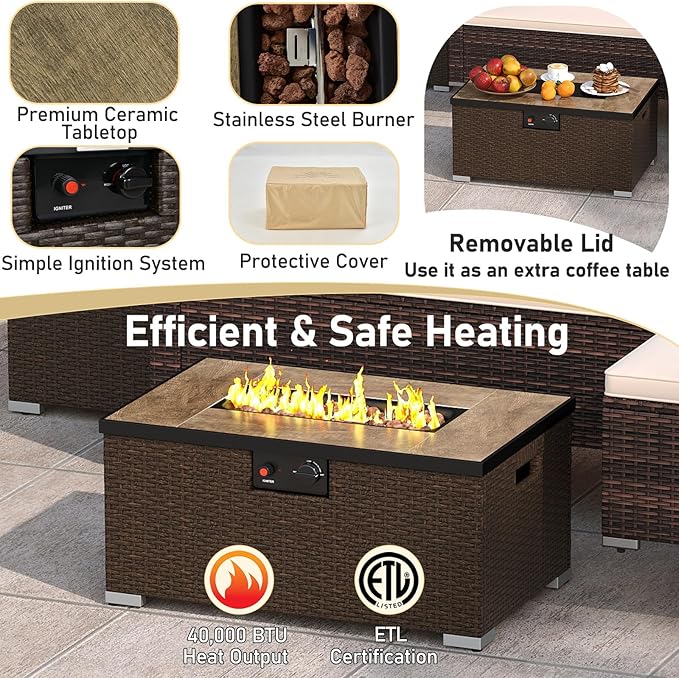 Tangkula 5 Pieces Patio Furniture Set with 32” Fire Pit Table and Propane Tank Cover, Outdoor Wicker Cushioned Sectional for Deck, Backyard, Fire Pit Protective Cover Included (Beige)