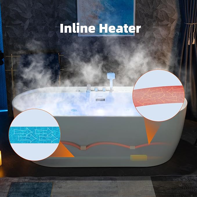 WOODBRIDGE 72" x 35-3/8" Whirlpool and Air Bath Heated Soaking Combination Tub with Adjustable Speed Air Blower, Tub Filler and Display Control Panel, White,BJ-500+F0041
