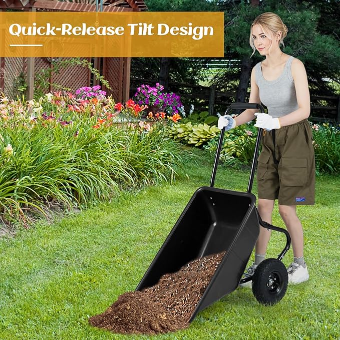 Goplus 2 Wheel Wheelbarrow, 330 LBS Utility Garden Cart with 10” Pneumatic Tires & Handle, 21 Gal Volume, Yard Dump Cart Wheel Barrow, Heavy Duty Wheel Barrow for Lawn (Black Handle+Black Cart)