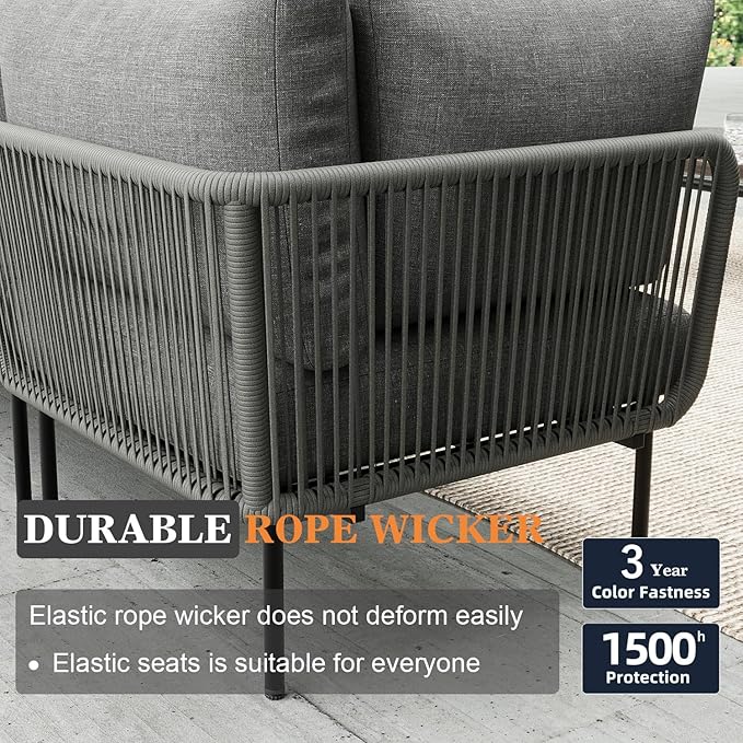 9 Piece Modern Outdoor Rope Wicker Sectional Patio L-Shaped Conversation Sofa Set Deep Seating with Thick Cushions