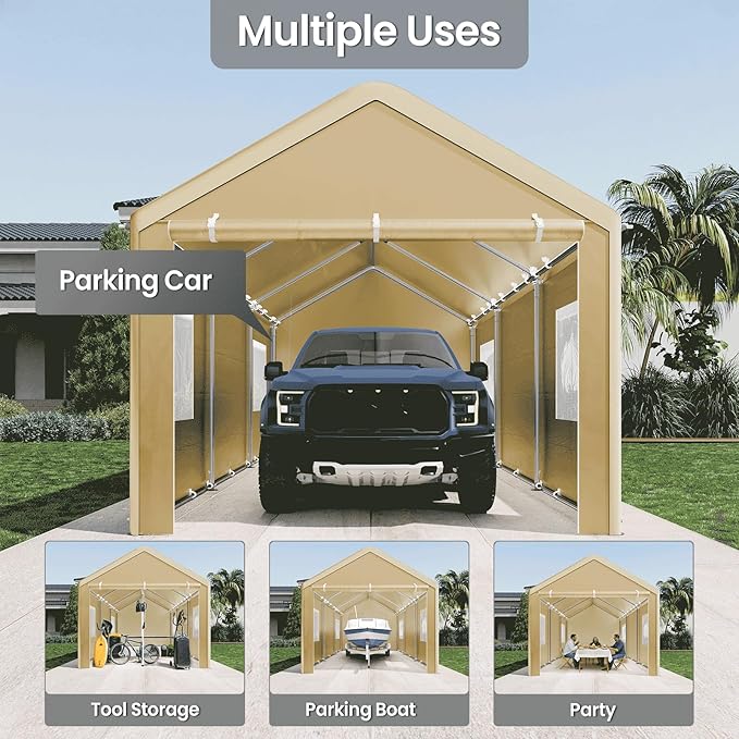 Carport 10x20 Ft, Heavy Duty Car Canopy with Reinforced Ground Bar, Portable Garage with Roll-up Windows and Removable Sidewalls, Galvanized Car Shelter, Large Outdoor Carports (Beige)
