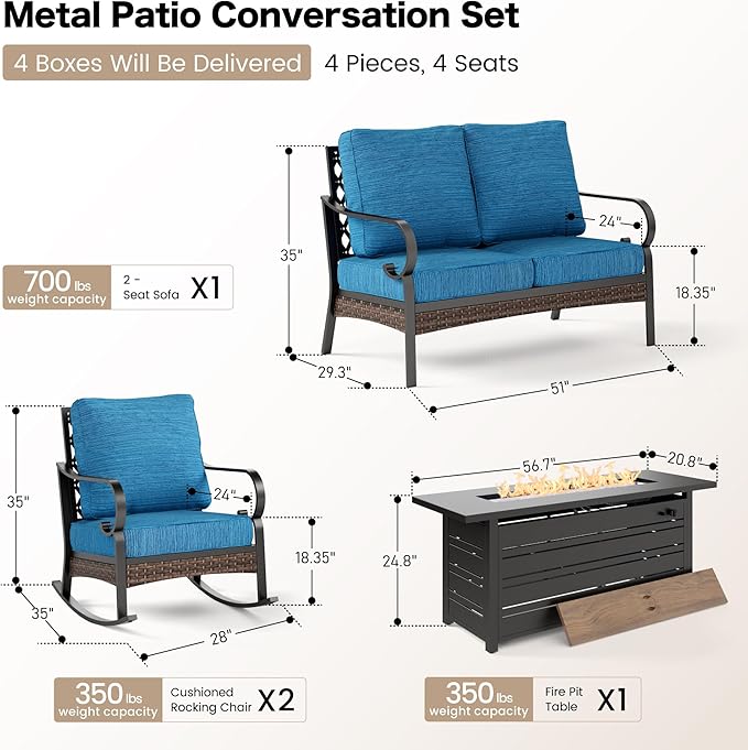 SUNSHINE VALLEY 4 Piece Metal Outdoor Patio Furniture Sets with Firepit Table, Patio Conversation Sets 1 2-Seater Sofa, 2 Rocking Sofa with 5.75" Cushion Black Backyard Furniture for Deck, Blue-2