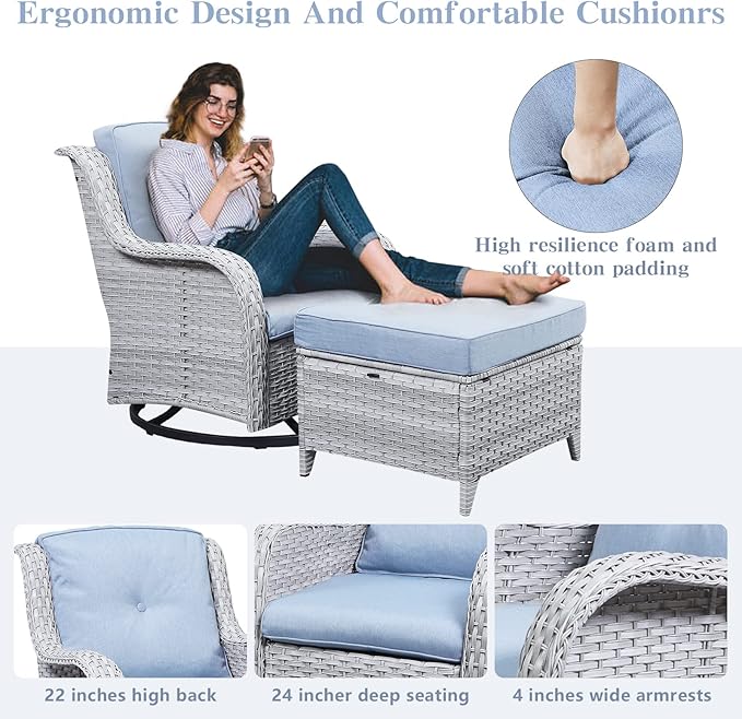 Belord Wicker Patio Furniture Sets - 13 Piece Outdoor Rattan Furniture Conversation Sets with 4 Swivel Rocker Chairs, 2 Rattan Sofas, Wicker Ottomans and Coffee Table, Light Grey/Baby Blue