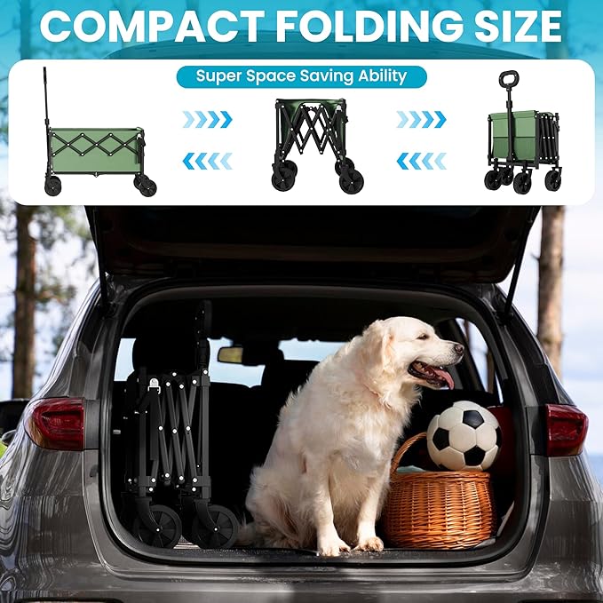 Collapsible Wagon with Extended Tailgate, Wagons Carts Folding with 350lbs Capacity, Lightweight Portable Utility Wagon Cart for Shopping Camping Sports Garden(Green)
