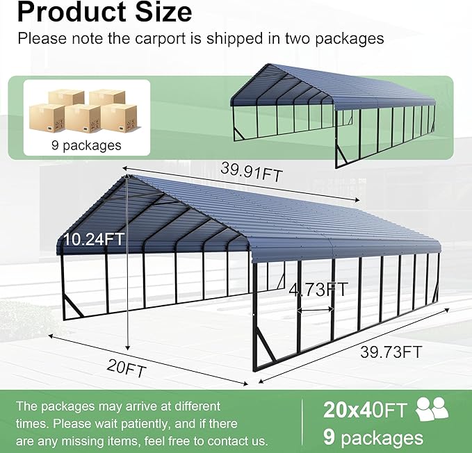 RV Metal 20x40FT Carport Canopy Heavy Duty Carports Kits for Garage,Aluminum Car Ports with Steel Shelter Frame Cover for 4 Car or Boats