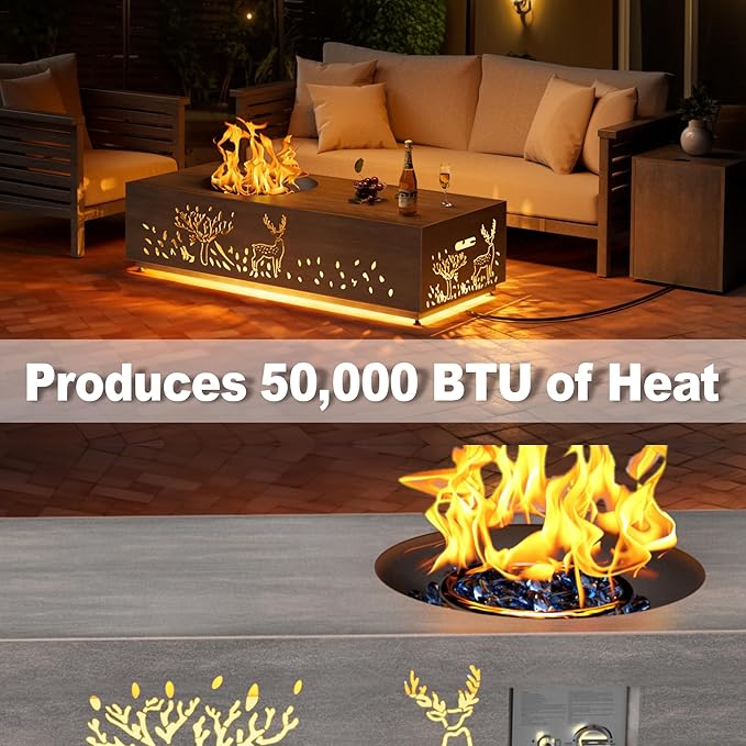 Dineli 2-Piece Outdoor Propane Fire Pit Table Set w Tank Table 48'' Rectangular Firepit Gas Fire Pits for Outside Patio Fire Table w LED, 50,000 BTU (Gray, Deer Cutout with Warmlight)
