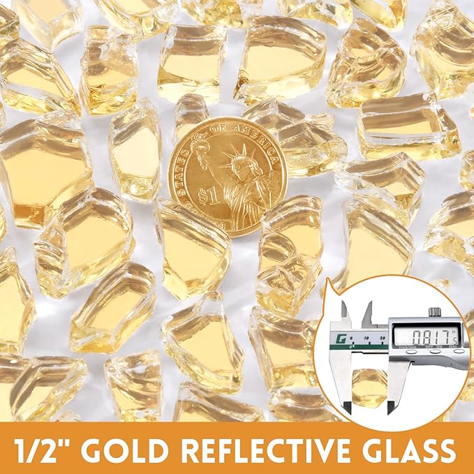 GasSaf 1/2 Inch Fire Glass Reflective Tempered Fireglass Cut Crushed FireGlass for Fire Pit, Fireplace, Replaces Existing Gas Logs & Lava Rocks (10 Pound)(Gold Reflective)