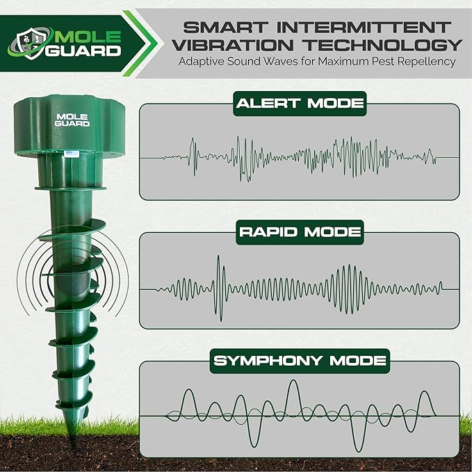 Mole Repellent Solar Powered Ultrasonic, Waterproof Solar Groundhog Repeller Snake & Gopher Deterrent, Spike to Get Rid of Burrowing Rodents, Vole Repellent, Pest Control for Lawn & Garden 4 Pack
