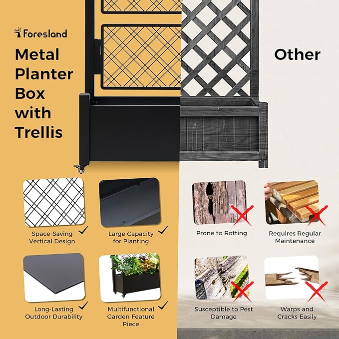 Metal Planter Box with Trellis and Wheels, 50" Hx38 Wx14 D Large Outdoor Garden Planter for Climbing Plants, Vegetables & Vines, Includes Drainage Holes and Privacy Screen, Black