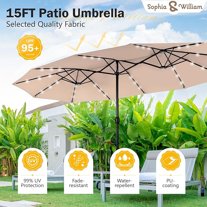 Sophia & William 15 ft Extra Large Patio Umbrella with Solar Lights, Rectangular Outdoor Umbrella with Base Included, Market Umbrella Double-sided Heavy Duty for Pool Garden Backyard, Beige