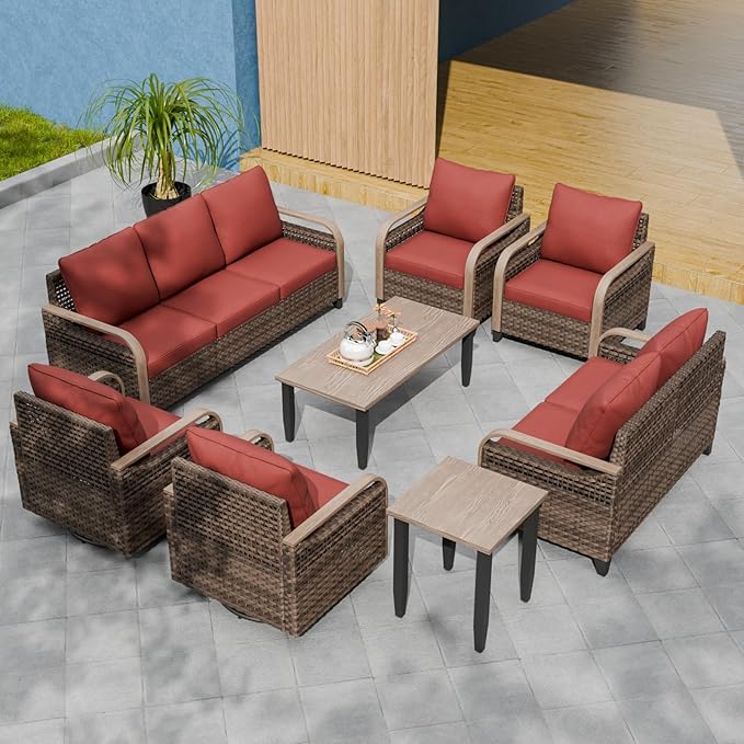 EAGLE PEAK Modern Wicker Outdoor Patio Furniture Set, Patio Conversation Set, 2 Chairs, 2 Swivel Rocker Chairs, 3-Seat Sofa, Loveseat, Coffee Table and Side Table, 8 Pieces, Brown/Red