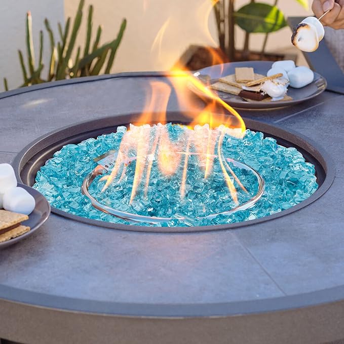 Onlyfire 10 lbs Fire Glass for Propane Gas Fire Pit, 1/2-Inch High Luster Fireplace Glass Rocks for Fire Pit Table, Aqua Blue