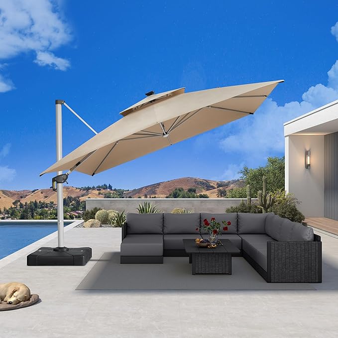PURPLE LEAF 12' X 12' Solar Powered LED Patio Large Umbrella Offset Double Top Hanging Umbrella Outdoor Market Umbrella for Garden, Deep Beige