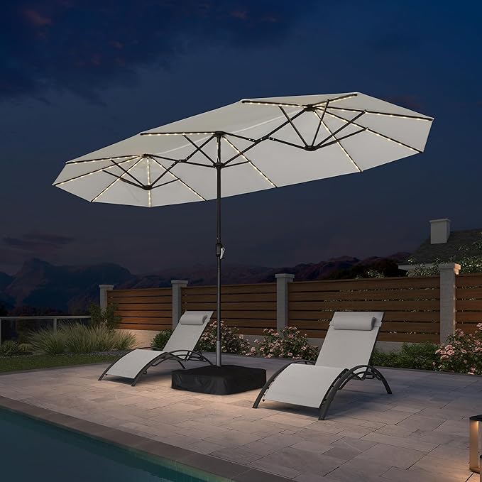 PURPLE LEAF 13ft Patio Market Umbrella with Solar LED and Base Double-Sided Rectangle Outdoor Table Sun Umbrellas with Crank for Pool Beach Deck Backyard Cream