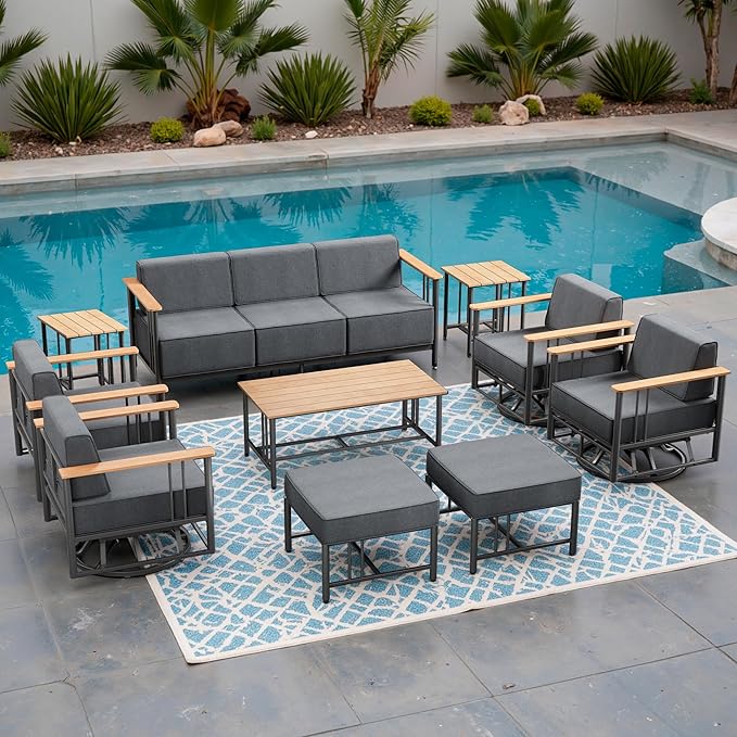 Luxury Outdoor Furniture Set with Swivel Chairs, 10 PCS Patio Furniture Set with 6" Extra Thick Cushions, Suitable for Porch, Balcony, Deck, Patio, Yard, Poolside, Black/Grey
