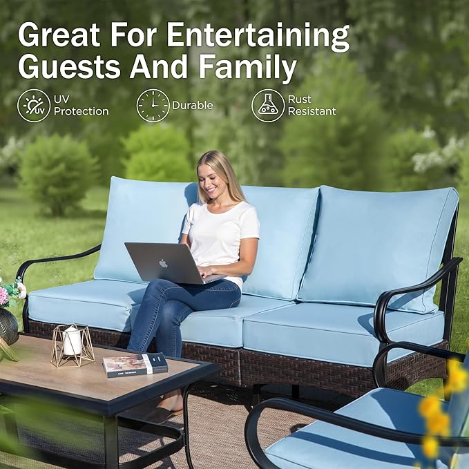 PHI VILLA Patio Furniture Set with 56" Fire Pit Table, Premium Outdoor Wicker Metal Frame Furniture with Upgraded Waterproof Thick Cushions for Porch, Poolside, Deck, and Yard