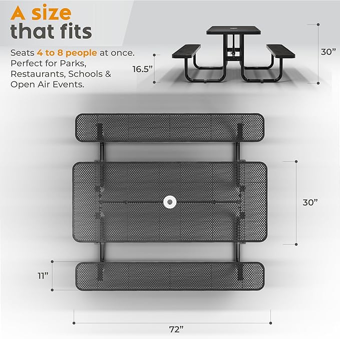 OUTTANS Commercial Heavy-Duty Metal Picnic Table - ADA Compliant, Adjustable Seats, Umbrella Hole (Black, 6' Rectangular, Punched Steel)
