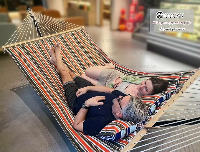 GOCAN Quilted Fabric Double Hammock Won't flip with Stand and Spreader Bars,Safer and Sturdier,Quality Hammocks for Outdoor Indoor Patio Yard Two Sided Dual use red/Blue