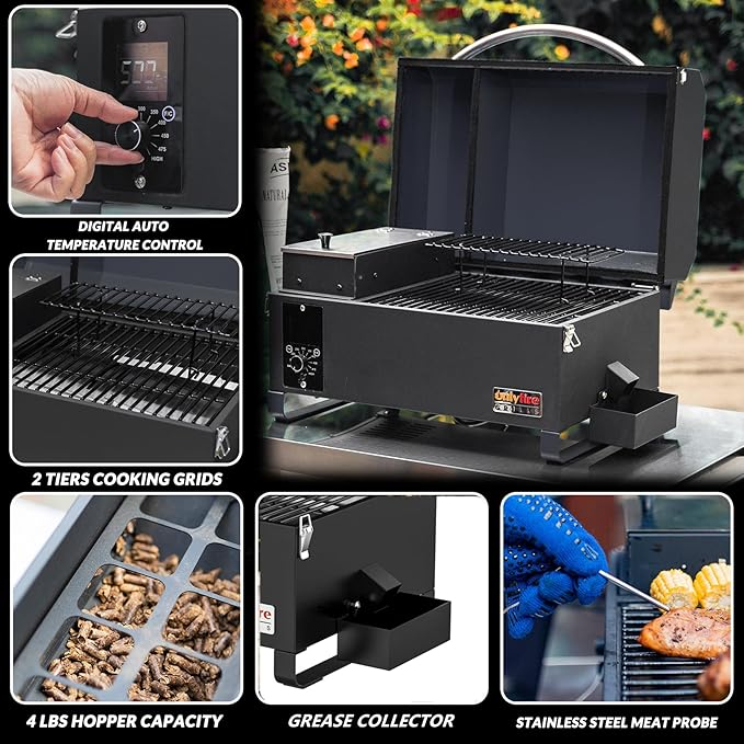 BBQ Wood Pellet Grill Smoker with Meat Probe, 2 Tiers Cooking Area, Portable Tabletop Grilling Stove for Outdoor Kitchen Cooking Smoke and Roast, RV Camping, Black GS314