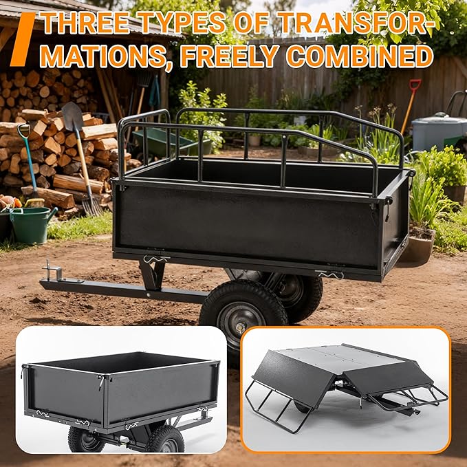 Heavy Duty ATV UTV Trailer Tow Behind Dump Cart, Yard Garden Trailer Pull Behind Dump for Lawn Mower Tractor Garden Waste (600pound&17cu.ft)