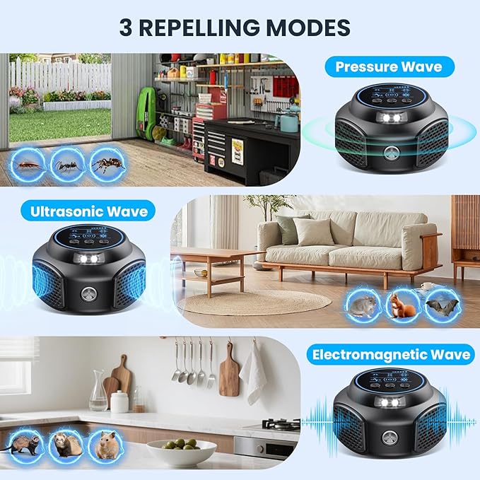 Ultrasonic Pest Repeller, Mice Repellent Ultrasonic Plug in, Electronic Indoor Pest Control Device with 3 Modes, Mouse Squirrel Rat Bats Roach Spider Repellent (Black)