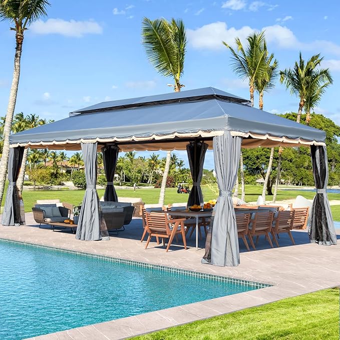 MELLCOM Grey 10x20 Outdoor Patio Canopy Gazebo, Double Roof Patio Pergolas Steel Frame with Netting and Shade Curtains for Garden,Party Canopy
