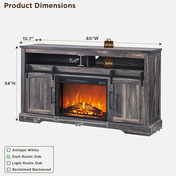 OKD Farmhouse Fireplace TV Stand for 70 Inch TV, 34" Tall Highboy Entertainment Center w/Electric Fireplace, Rustic Media Console w/Sliding Arched Door for Living Room,Dark Rustic Oak