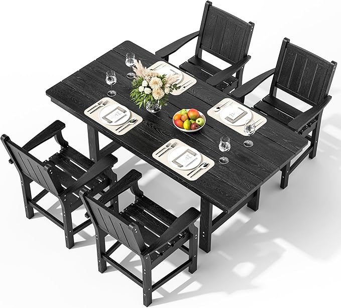 Pamapic 5-Piece Outdoor Dining Set, HDPE Outdoor Rectangular Table and 4 Chairs, Wood Grain Patio Furniture Sets with Armrest, All-Weather Patio Dining Table with Umbrella Hole, Black