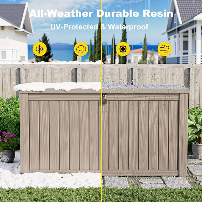150 GallonOutdoor Storage Box,Resin Deck Boxes Waterproof, IndoorOutdoor Bin for Package Delivery, Patio Cushions, Gardening Tools, Lockable, UV Resistant