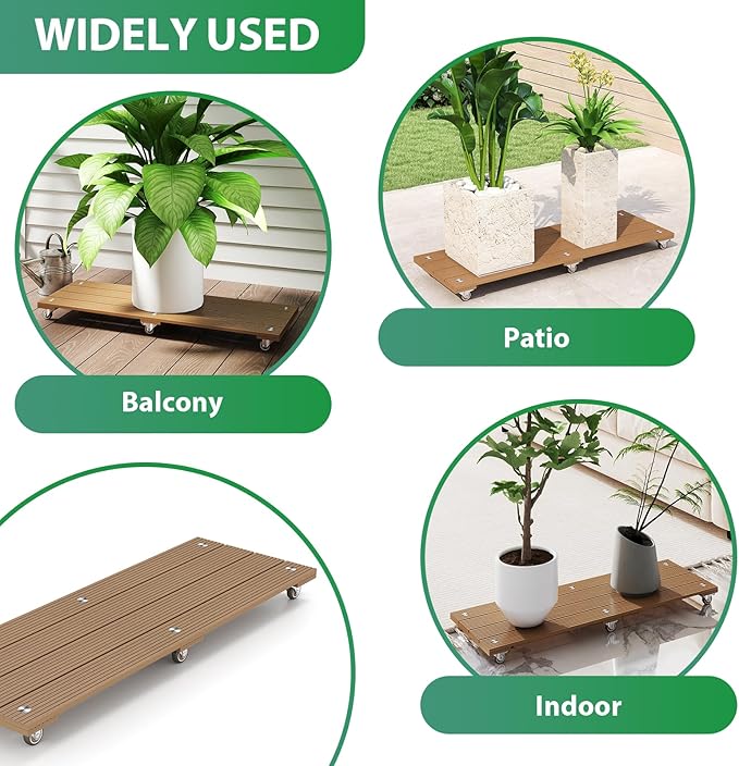 mondaria 2 Pack Plant Caddy with Wheels, Wood Plastic Composite Plant Stand, Heavy Duty Rectangular Plant Dolly with Metal 360° Lockable Caster Wheels for Large Plant Pots, Flower Pot ,Brown