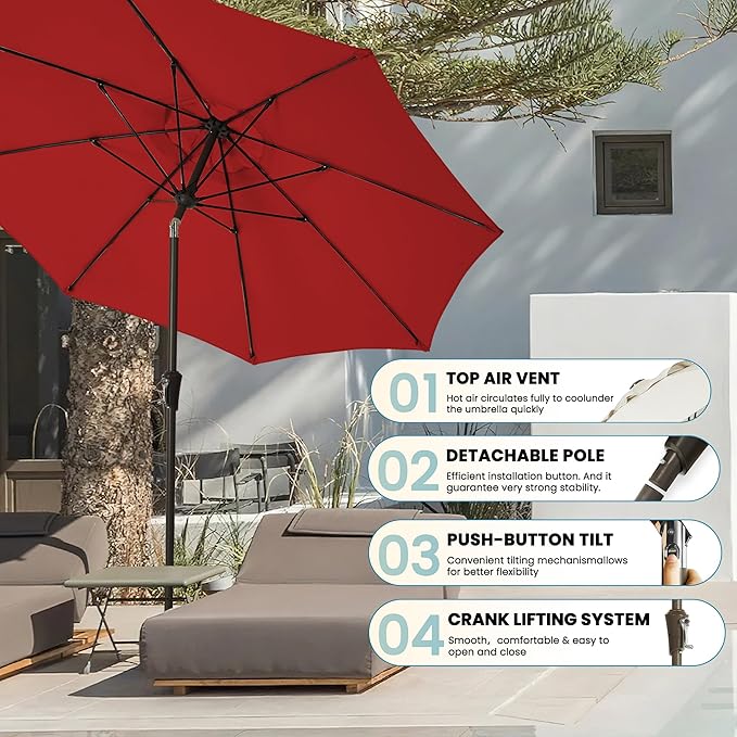 9FT Large Outdoor Patio Umbrella Market Table Umbrella-UV Resistant, Easy Push Button Tilt and Crank, 8 Sturdy Ribs Heavy-Duty Pool Umbrella for Deck,Red
