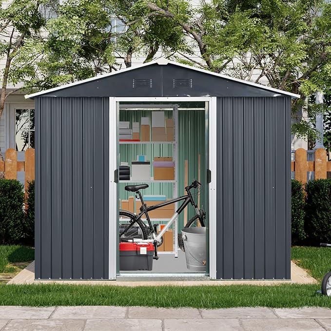Outdoor Storage Shed, 8x4ft Metal Storage Shed with Vents and Metal Foundation, Lockable Sliding Door, All Weather Tilted Roof Tool Shed for Backyard, Patio, Lawn, Black
