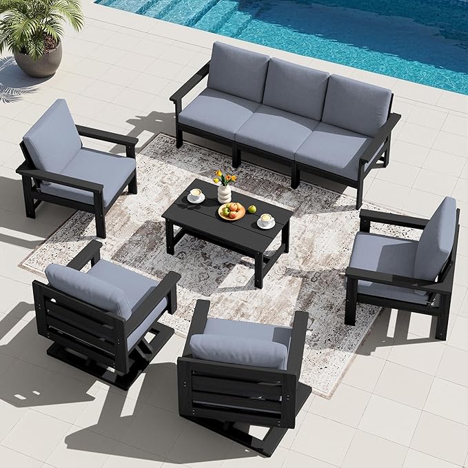 SERWALL HDPE Outdoor Patio Furniture Set, 8-Piece Outdoor Sectional Sofa with 2 Single Seat Swivel Sofas with Thick Cushions for Lawn, Deck, Black Frame with Gray Cushions