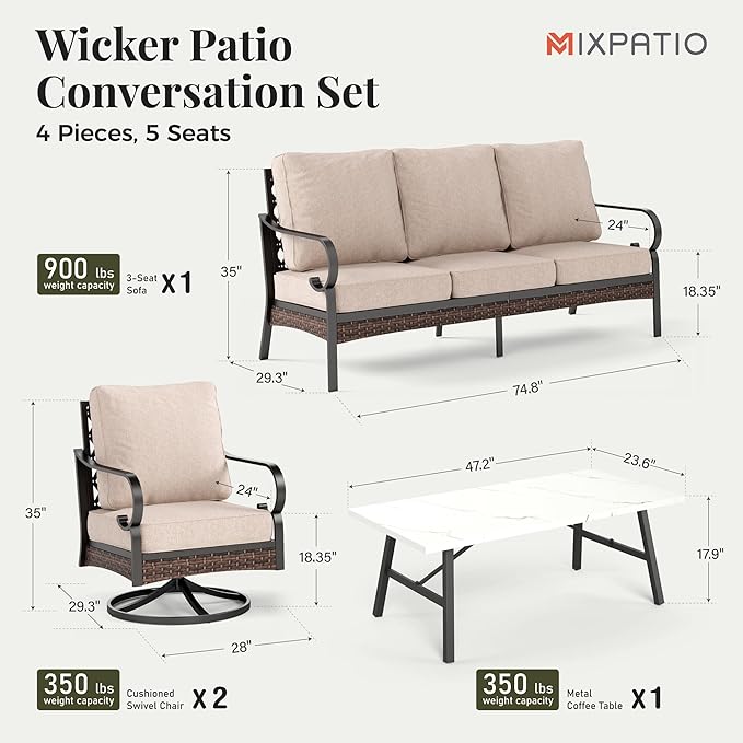 Patio Furniture Set with Coffee Table, Outdoor Conversation Set with 2 x Swivel Chairs, 1 x 3-Seat Sofa for Lawn Garden Backyard, Beige