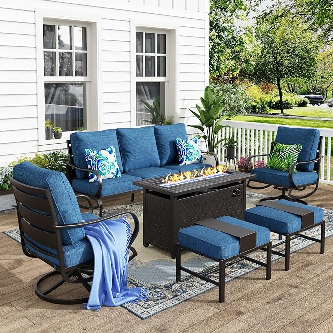 MFSTUDIO 6 Pieces Patio Furniture Sets with 45" Gas Fire Pit Table(Up to 7 Seat),Outdoor Metal Frame Patio Conversation Sofas with 1 x 3-Seat Sofa, 2 Swivel Chairs and 2 Ottoman, Peacock Blue Cushion