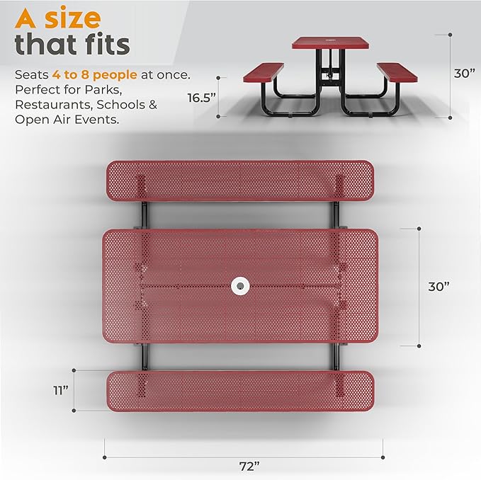Commercial Heavy-Duty Metal Picnic Table - ADA Compliant, Adjustable Seats, Umbrella Hole (Red, 6' Rectangular, Punched Steel)
