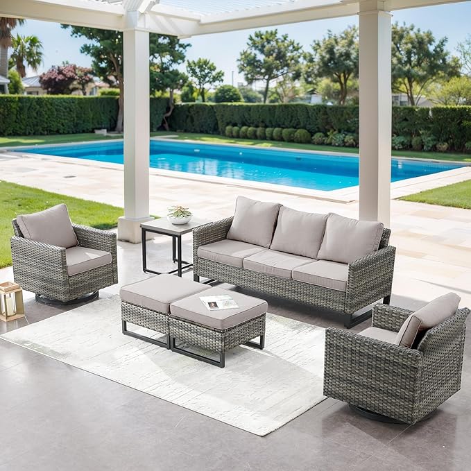 6 Piece Wicker Patio Furniture Set - Outdoor Swivel Rocker Chairs Set with Side Table, 3 Seat Sofa and Ottomans, Small Patio Conversation Sets Proch Furniture for Balcony Deck - Grey/Beige